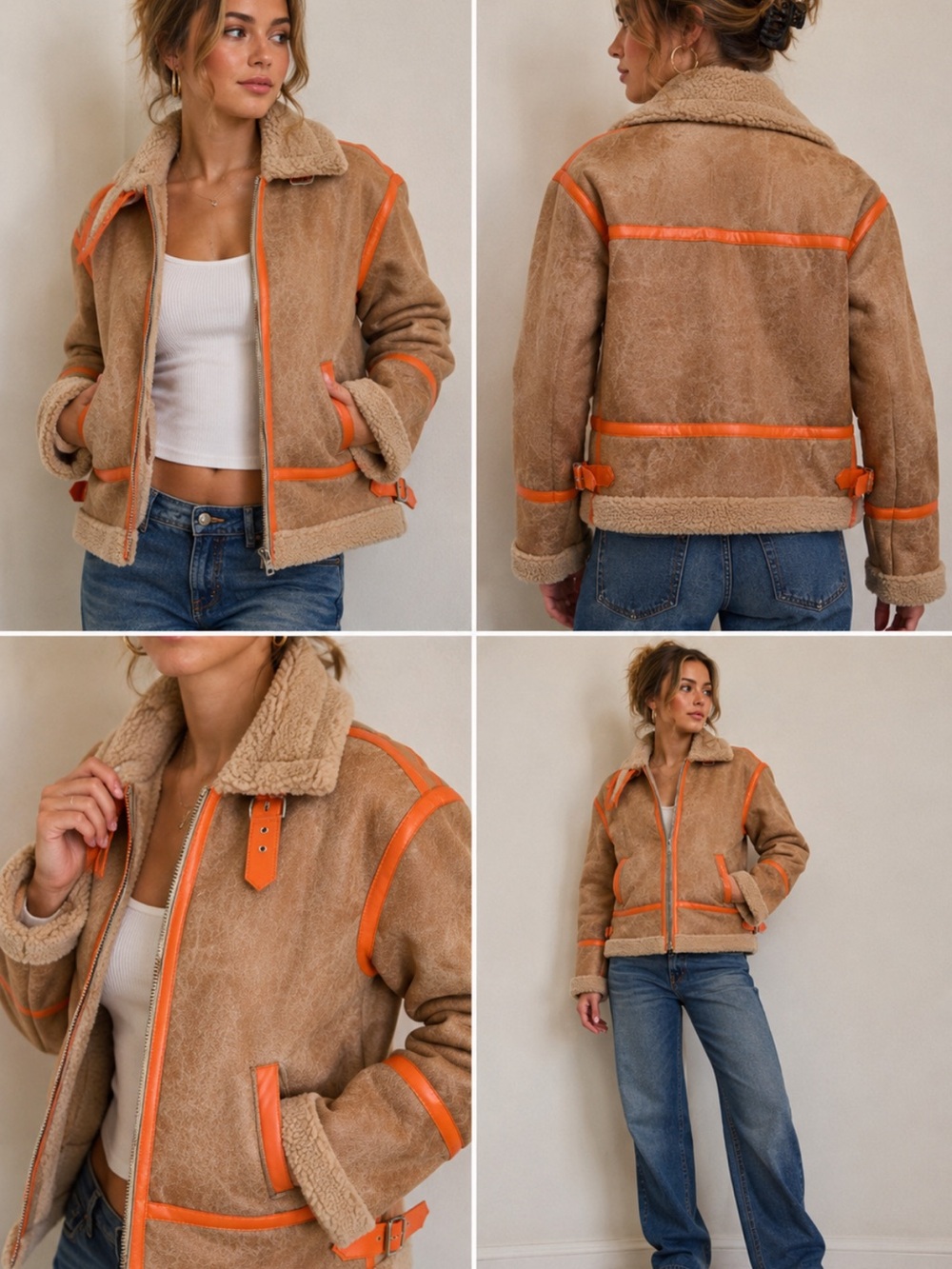 BDG Urban Outfitters Faux Shearling Aviator Jacket Tan Orange Trim XS